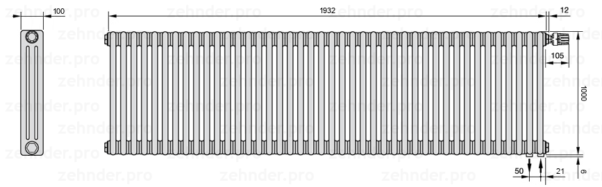 Схема (чертеж) Радиатор Zehnder Charleston 3100/42 №V002 Белый глянцевый RAL 9016